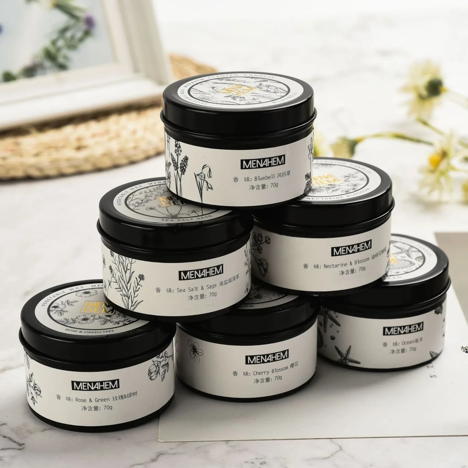 Black tin soybean wax candle measuring 6cm diameter with smokeless burning and botanical fragrance options