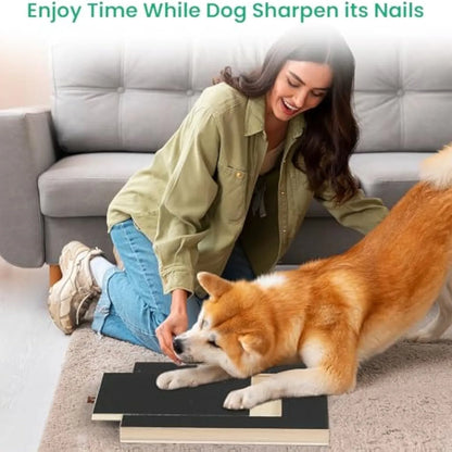 Wooden dog nail scratch board with treat drawer and four circular non-slip pads on base
