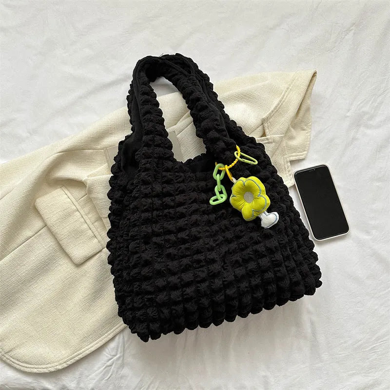 Pleated bubble shoulder bag in square vertical design with pendant accessory in various colour options