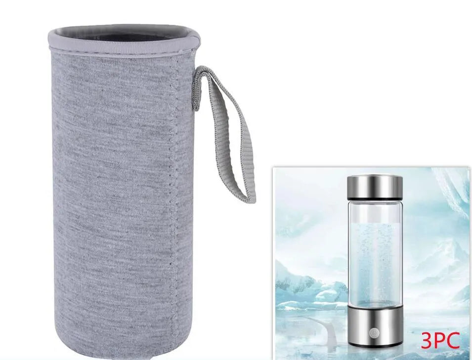 Portable hydrogen water bottle with glass chamber and stainless steel components showing electrolysis bubbles