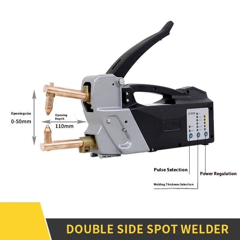 OL8000 manual double-sided spot welding machine with pulse control and set of round and pointed electrode heads.