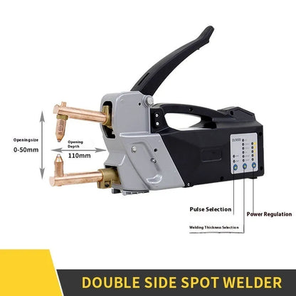 OL8000 manual double-sided spot welding machine with pulse control and set of round and pointed electrode heads.