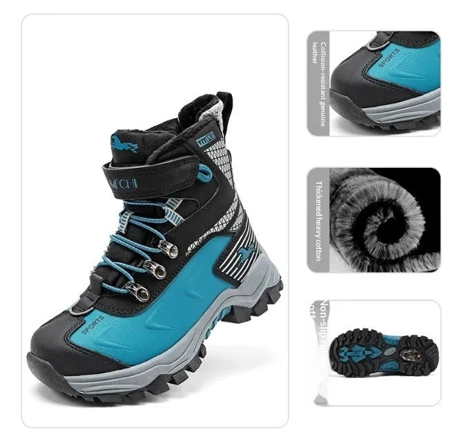 Winter anti-slip snow boots for older children, cow suede nubuck upper, Velcro strap, army green colour