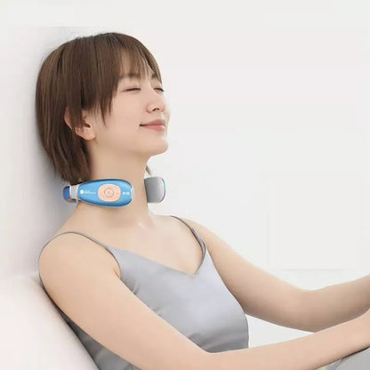 Rechargeable neck massager in white, bright blue, and sapphire blue with handheld remote