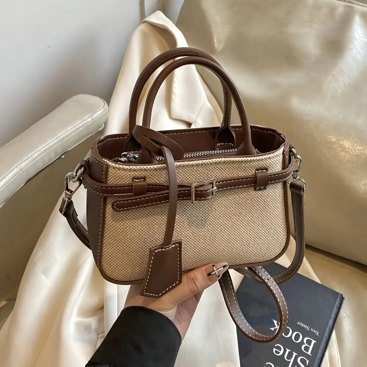 Brown PVC crossbody tote bag with suede lining, single strap, 17.5 x 11.5 x 7.5 cm vertical rectangular shape.