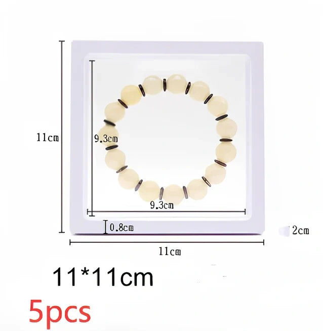 Black 11x11cm suspended 3D floating display frame holding a coin, with square base for stable collectible showcase