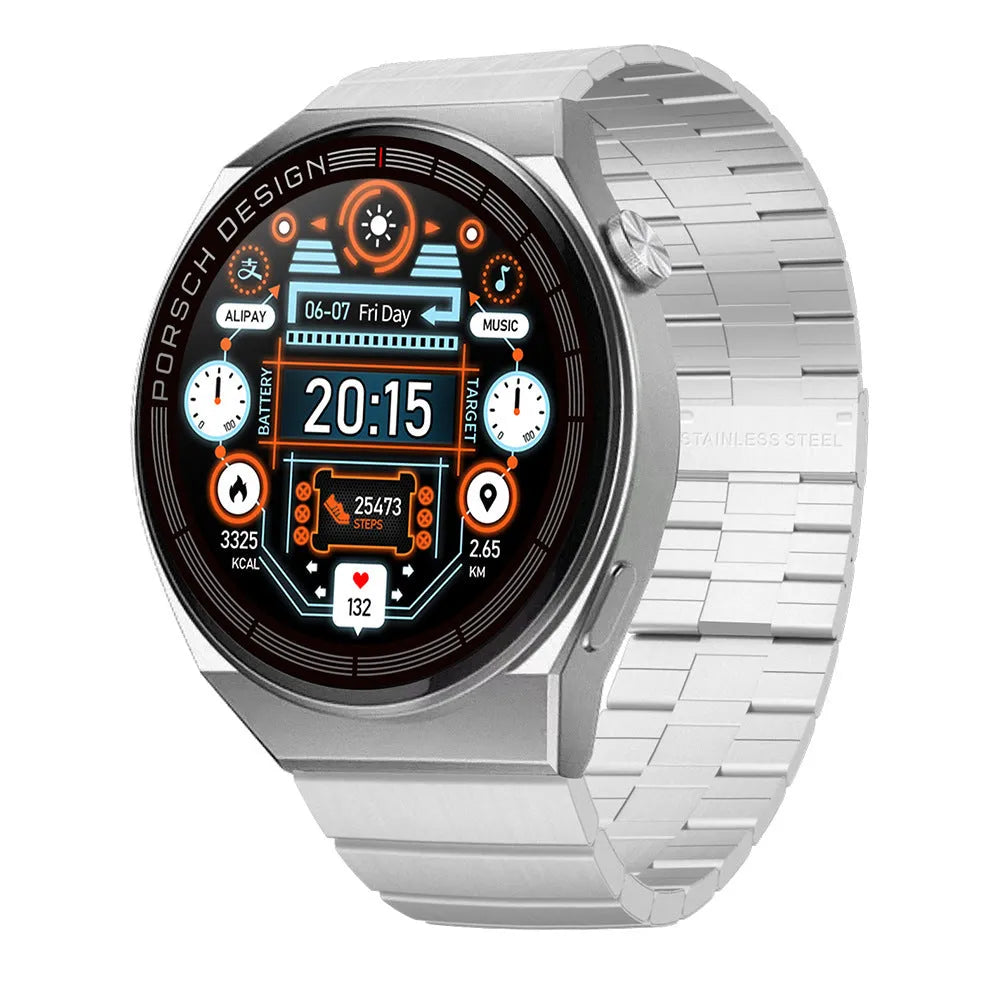 Black or silver smartwatch with a 1.39-inch glass screen on a silicone, steel, or leather-look strap.