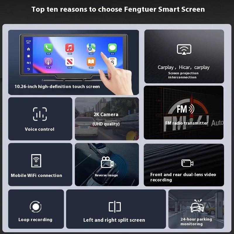 10-inch car smart screen with touchscreen, showing CarPlay interface and rear camera view for parking