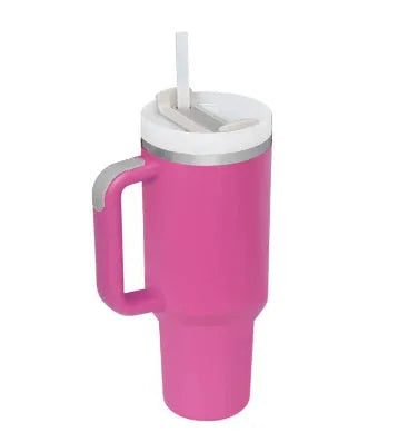 40oz stainless steel tumbler with handle and straw in various colour options showing tapered shape and spill-proof lid