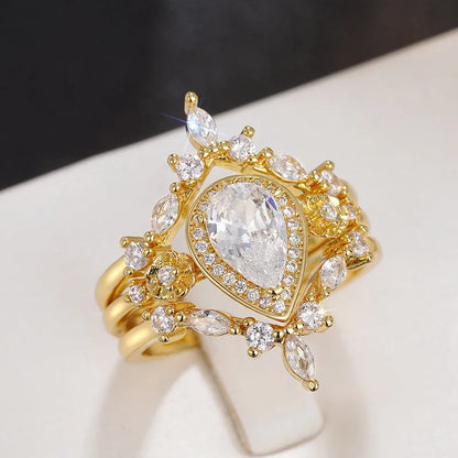 Women's copper ring with inlaid zircon, drop-shaped geometric design, yellow gold colour, sizes No 6 to No 10