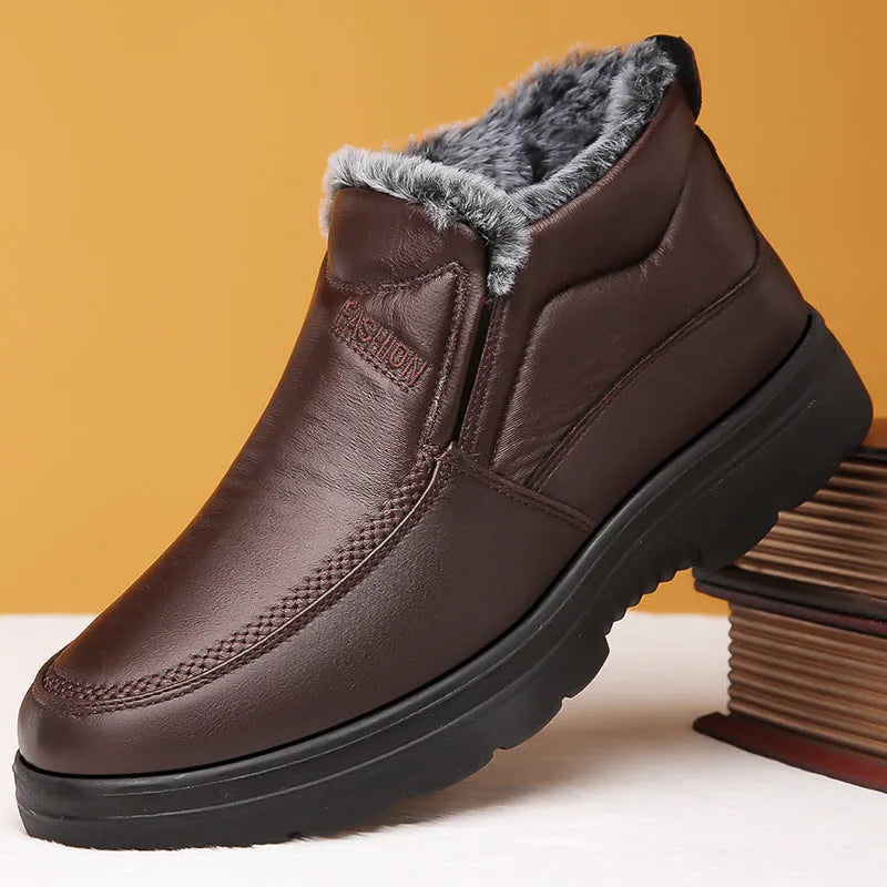 Winter cotton shoes for men, artificial PU upper with fleece lining, non-slip rubber sole, thickened warm slip-on casual footwear available in black or brown across sizes 38 to 48 for adult wear
