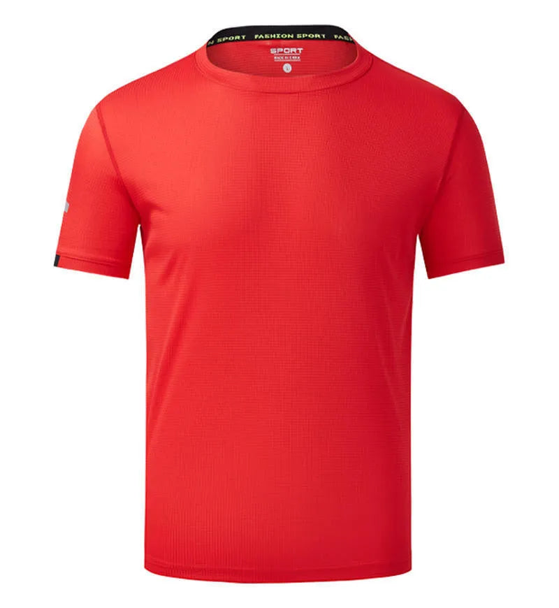 Ice silk quick-drying shirt for men, chemical fibre polyester fabric, short sleeve sports and leisure casual top, available in sizes S to 4XL across eight solid colours including black, blue, fluorescent green, navy blue and orange