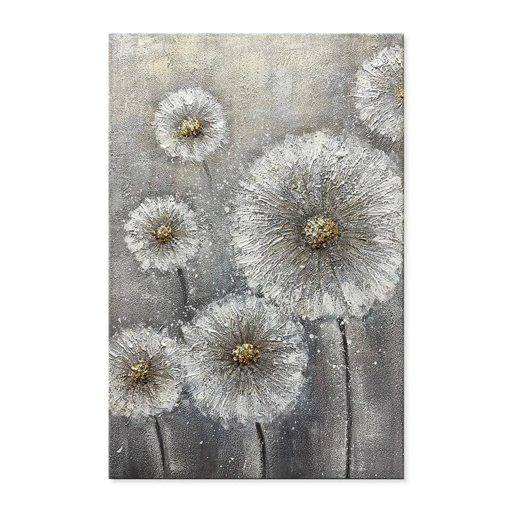 Hand painted white flower plant oil painting on grey canvas, large vertical unframed wall art