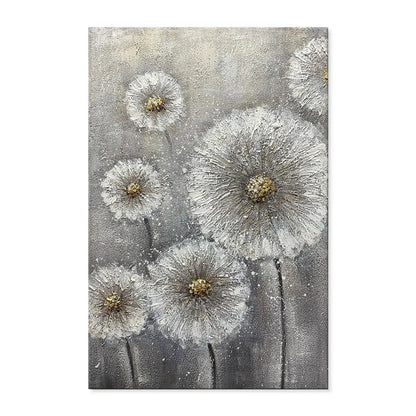 Hand painted white flower plant oil painting on grey canvas, large vertical unframed wall art