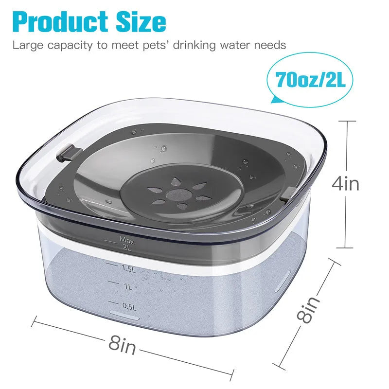 Transparent 70oz dog water bowl with floating disk, showing water level indicator and non-slip base