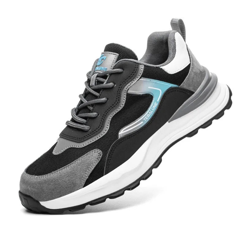 Men's black work safety shoes with steel toe cap and breathable mesh upper panels