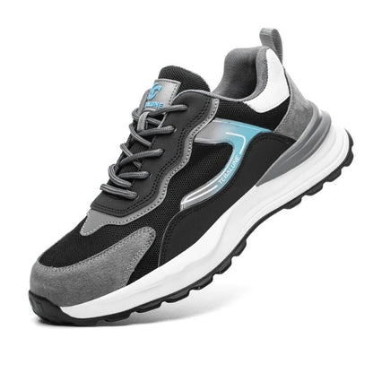 Men's black work safety shoes with steel toe cap and breathable mesh upper panels