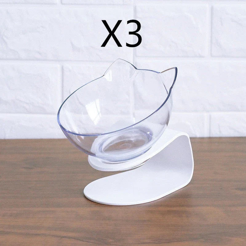 Tilted cat and dog bowls with raised stand, designed to reduce neck strain and protect cervical vertebrae.