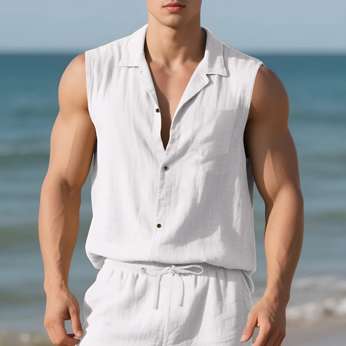 Man's sleeveless linen cardigan vest with a polo collar in a light khaki colour, laid flat.