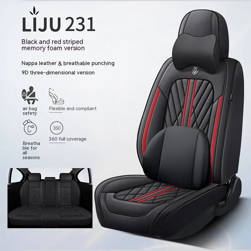 Five-seat car seat cushion set with leather covering in various colour combinations