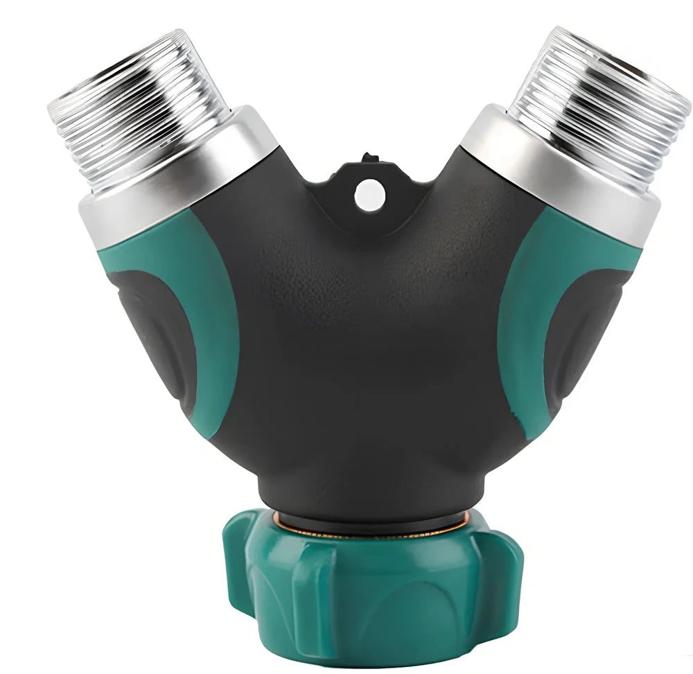 Green plastic Y-shaped water splitter with zinc alloy outlets and copper inlet measuring 94mm