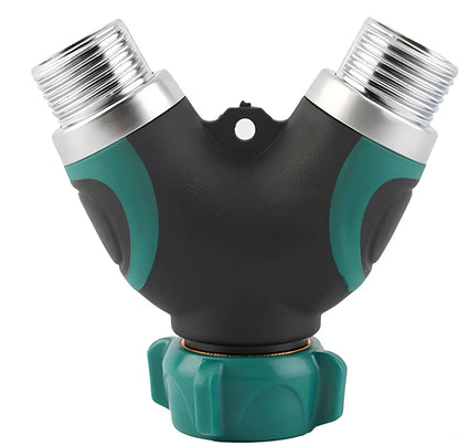 Green plastic Y-shaped water splitter with zinc alloy outlets and copper inlet measuring 94mm