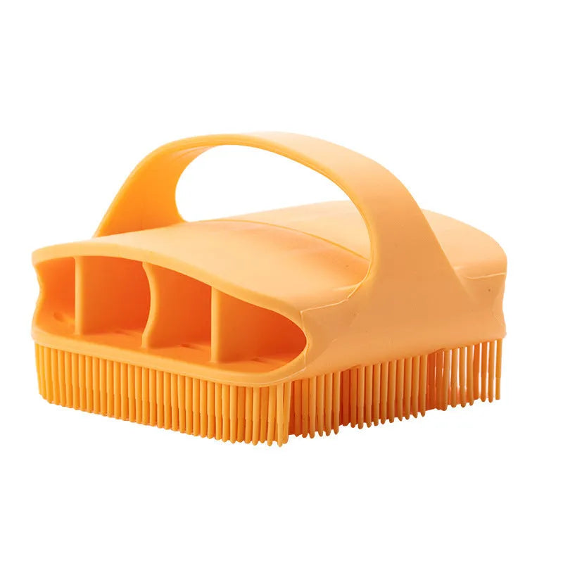 Silicone scalp massager shampoo brush with long bristles and ergonomic handle in assorted colours.