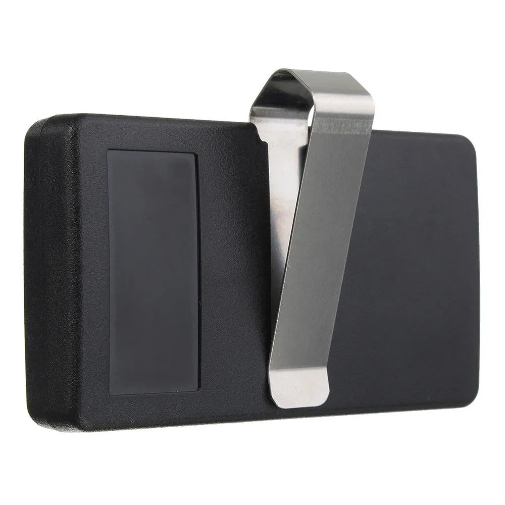 Black three-key garage door remote control with 390 MHz frequency and Rolling Code technology.
