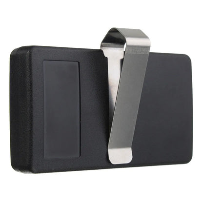 Black three-key garage door remote control with 390 MHz frequency and Rolling Code technology.