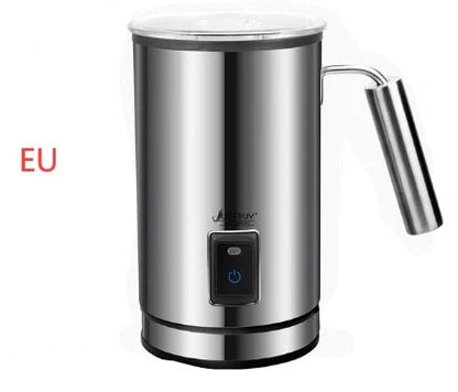 Electric Milk Frother in silver with stainless-steel body for coffee and cappuccino