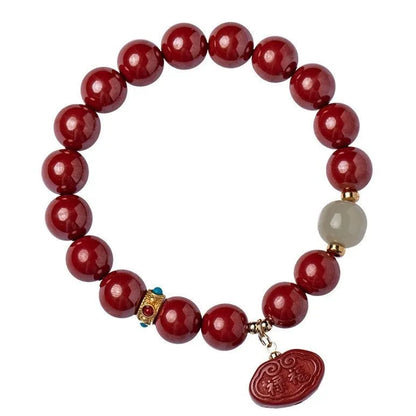Natural cinnabar emperor sandstone bracelet with Ping An Fu Lu design in 8mm or 10mm size