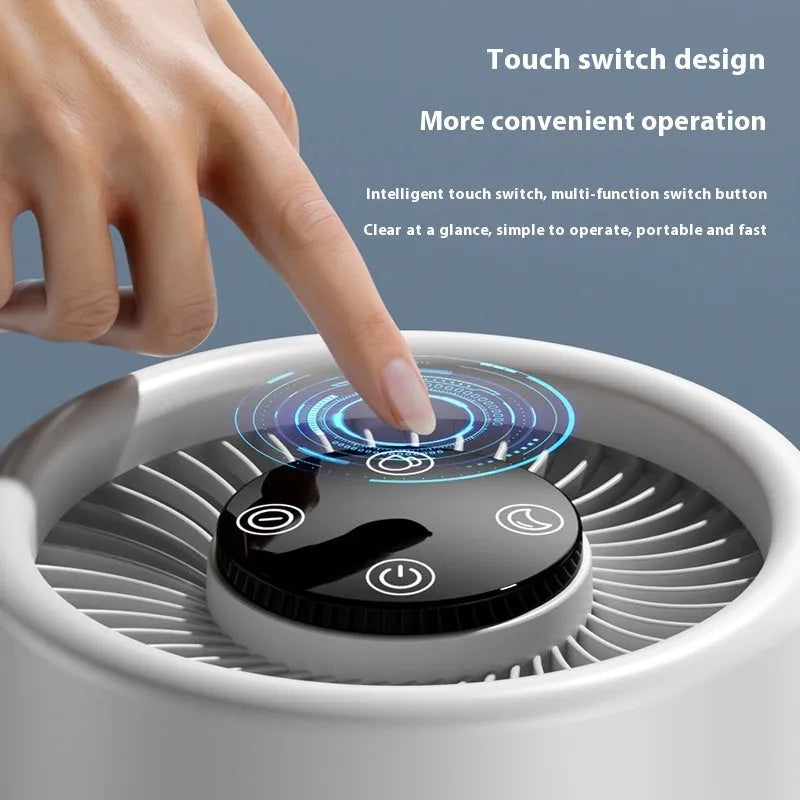 White simple style desktop air purifier with USB Type-C cable on a wooden desk.