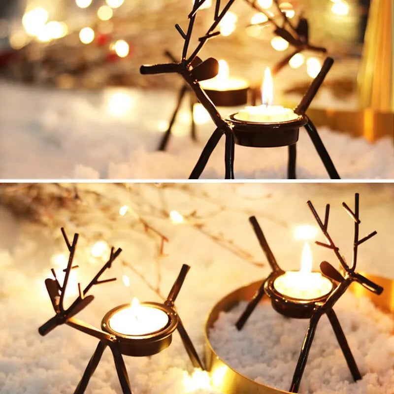 Black iron Christmas deer candlestick holder with elk bracket design for festive candle display