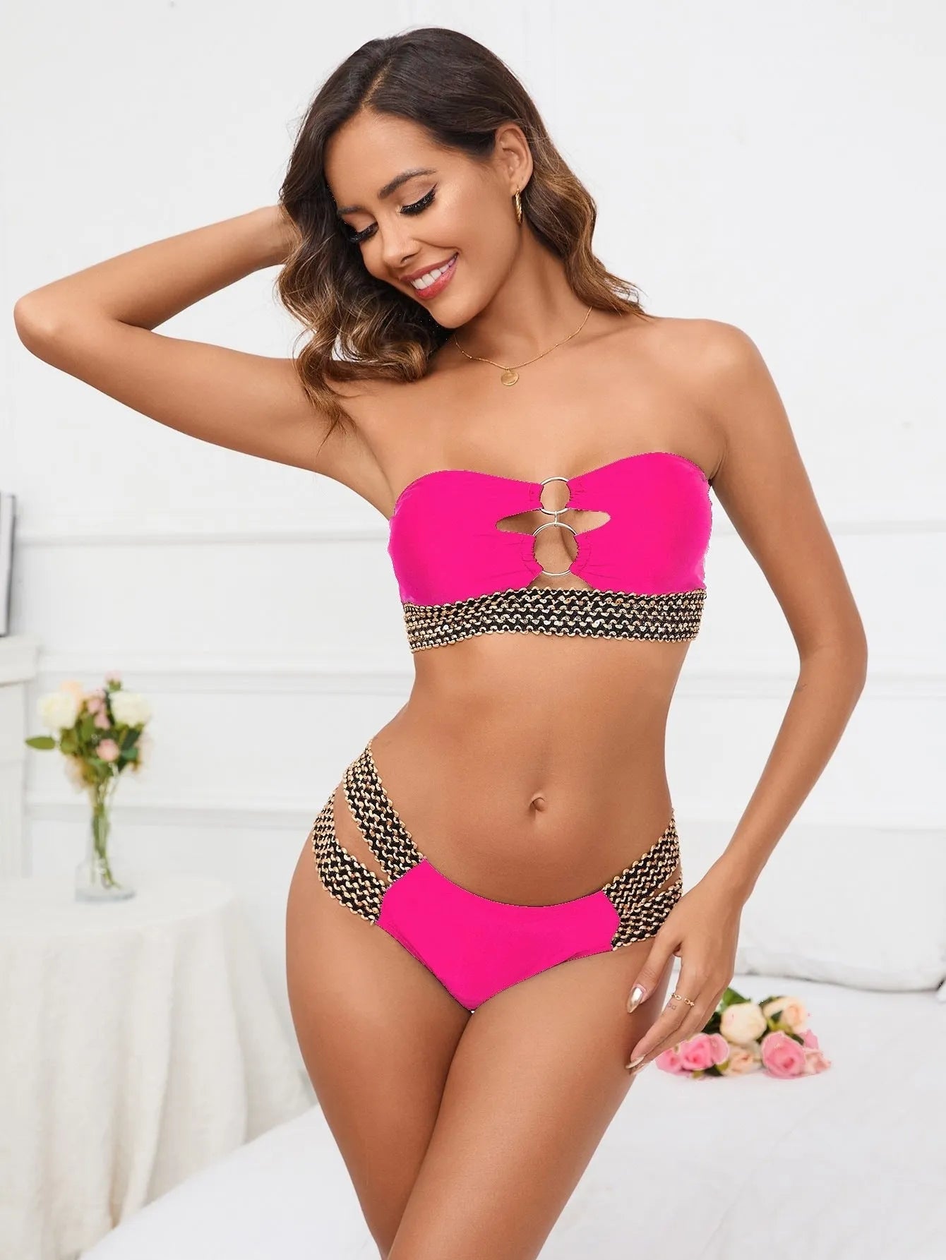 Women's tube top and split bottom bikini set in solid colour options including black, green, and red.