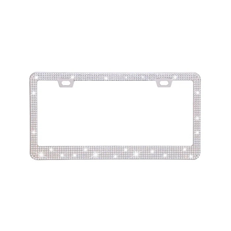 Stainless steel license plate frame with square holes for applying coloured acrylic diamond crystals.