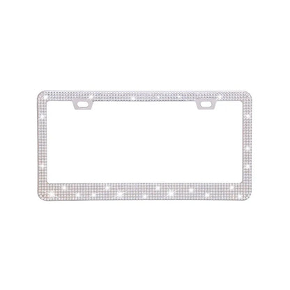 Stainless steel license plate frame with square holes for applying coloured acrylic diamond crystals.