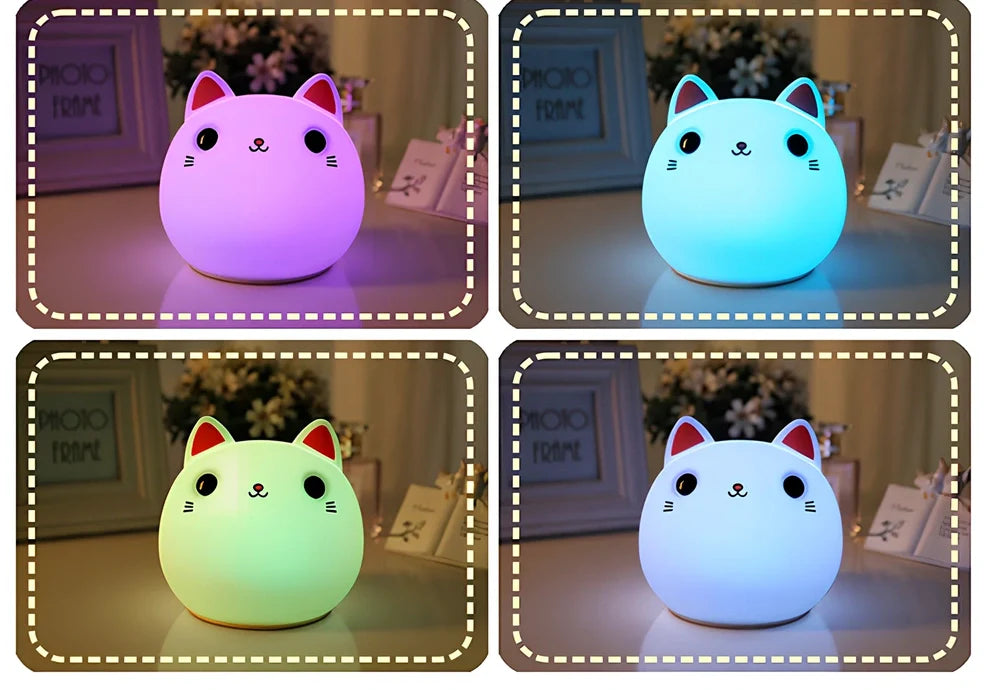 White silicone cat LED lamp with warm glow, measuring 12.5cm tall with USB charging port