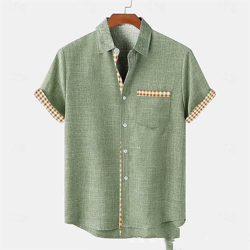 Linen short-sleeve shirt with ocean fish pattern on lapel, loose fit design, shown in one of 12 available colours