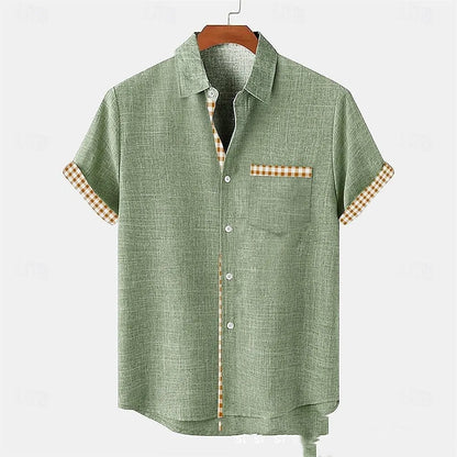 Linen short-sleeve shirt with ocean fish pattern on lapel, loose fit design, shown in one of 12 available colours
