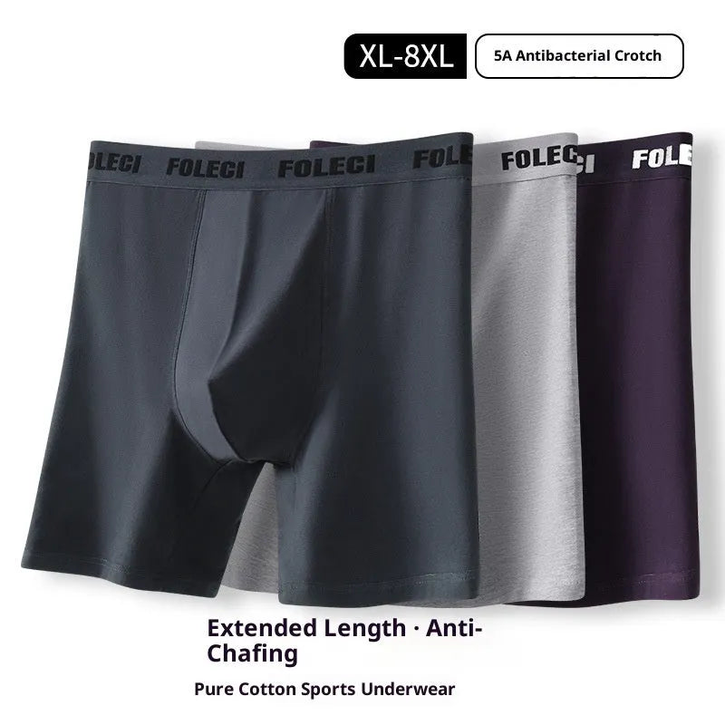 Men's pure cotton lengthened boxer briefs with anti-wear legs and high waist, available in five solid colours, sizes XL to 8XL.