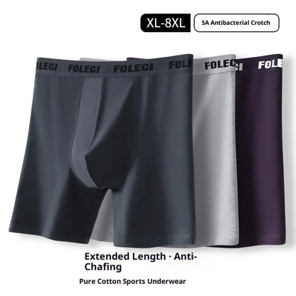 Men's pure cotton lengthened boxer briefs with anti-wear legs and high waist, available in five solid colours, sizes XL to 8XL.