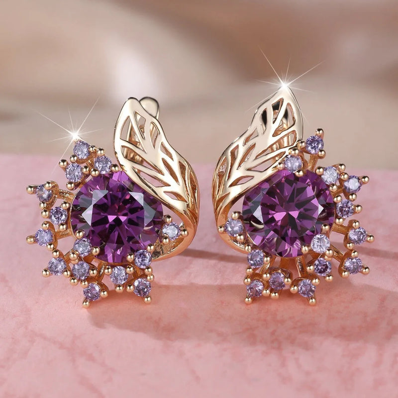 Round Flowers Feather Zircon Earrings Female Personality Fashion High Sense, Women's Copper Stud Earrings with Feather Design and Zircon Gemstones in Rose Gold Plating and Six Colour Options