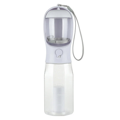 Multifunctional pet water bottle with built-in poop bag dispenser, available in turquoise, pink, and white colors