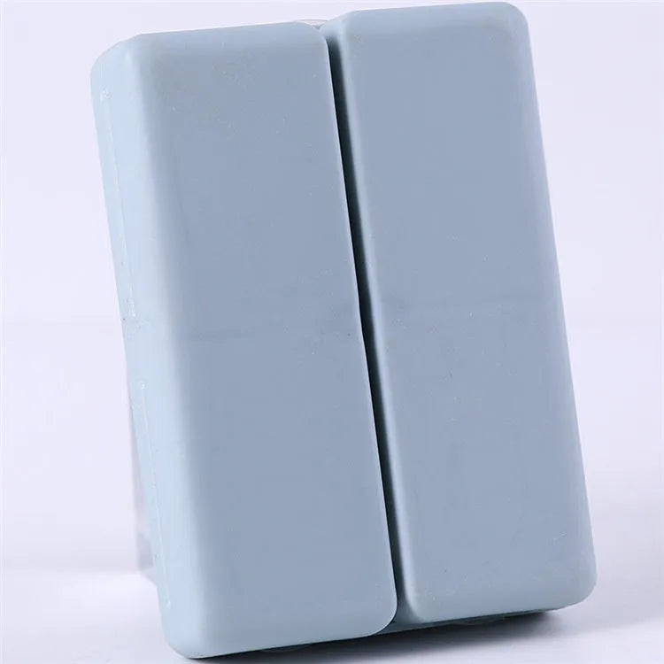 Blue foldable pill box with seven compartments and magnetic closure showing open and closed positions