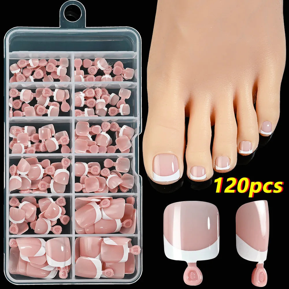 120-piece French white edge toenail pieces in nine natural nude shades, full square short shape for easy application