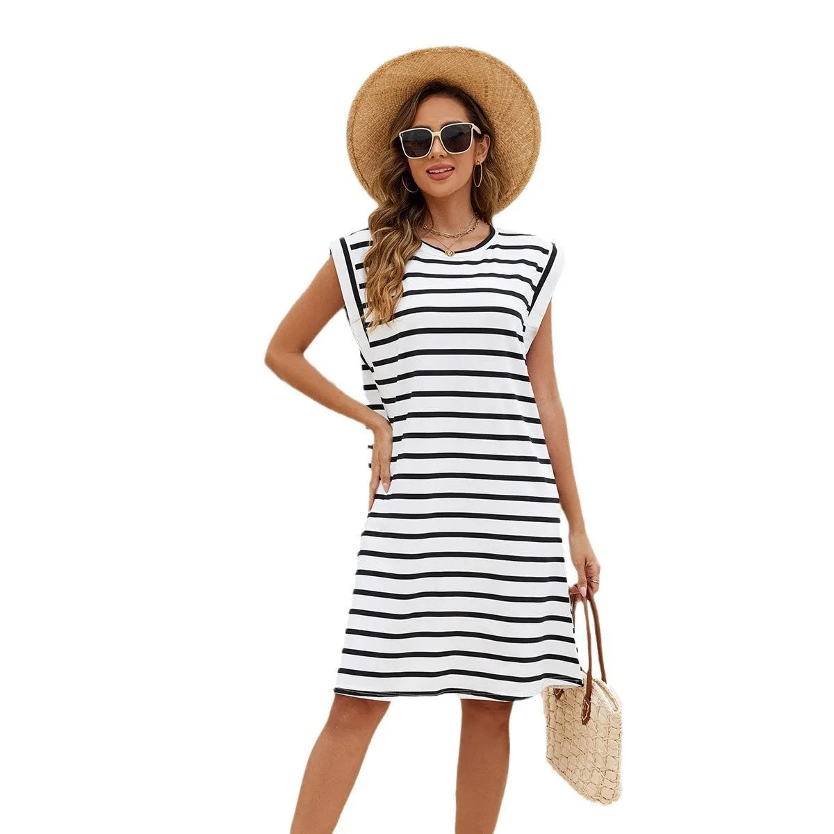 Women's black and white striped beach cover-up blouse made from polyester, free-size fit for swimming
