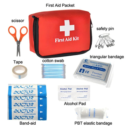 Red mini first aid kit showing 9 medical components with precise measurements including bandages and triangular towel