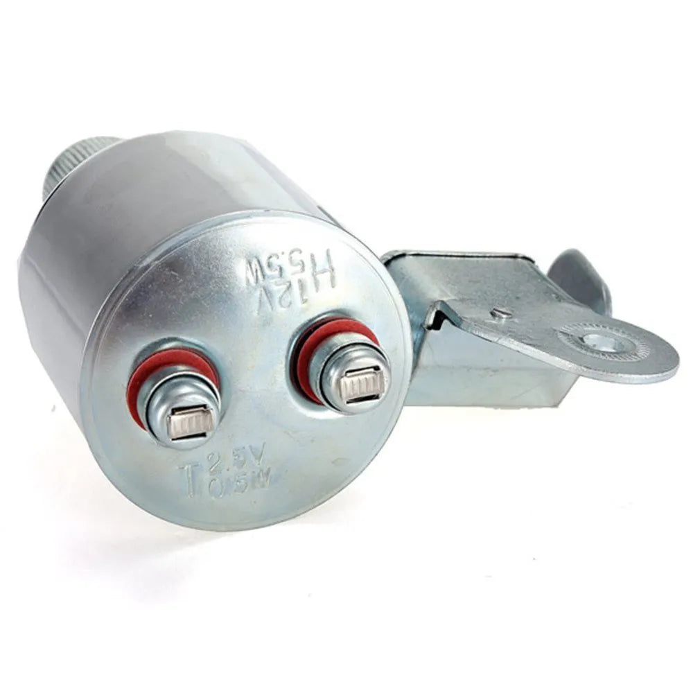 Silver dynamo-powered bicycle light set with generator unit for friction drive on wheel.