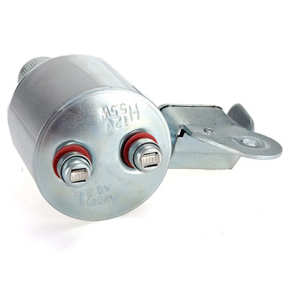 Silver dynamo-powered bicycle light set with generator unit for friction drive on wheel.