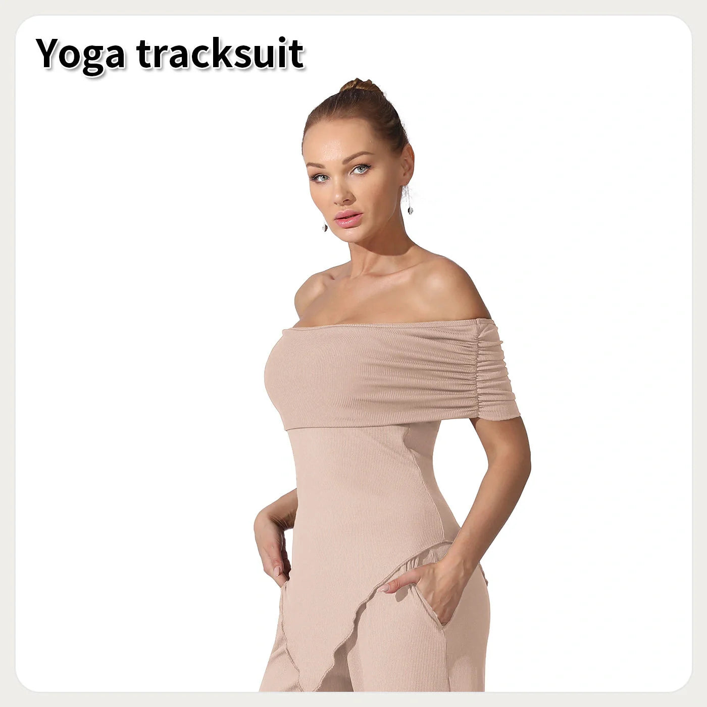 Elegant off-shoulder jumpsuits in various solid colours, including coffee, gray, and light khaki, showcasing a sleek and sophisticated design for the modern British woman.